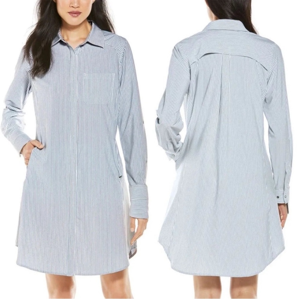 Coolibar Light Blue and White Striped Sun Shirt Dress